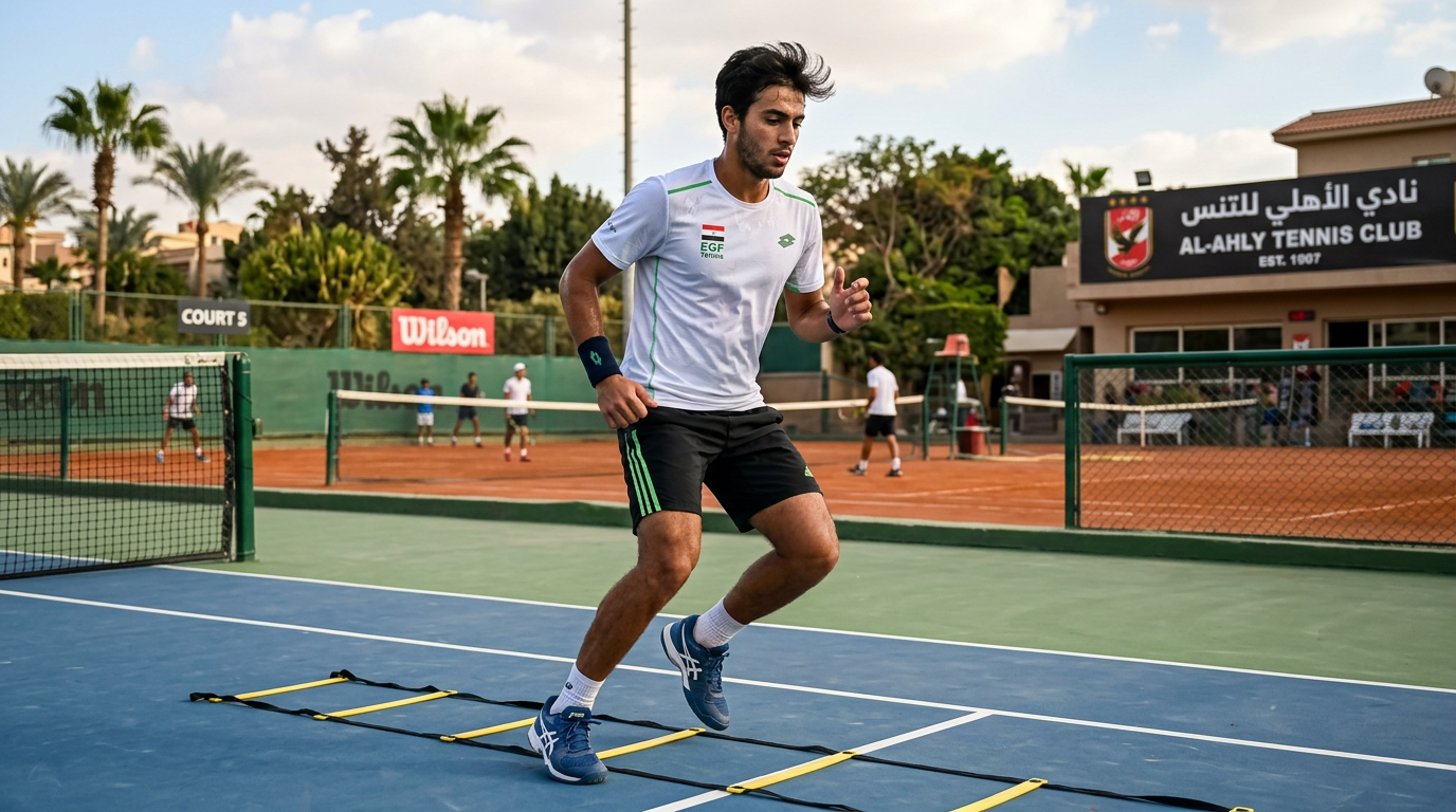 لاعب تنس يتدرب على القوة والاتزان لتحسين ضرباته