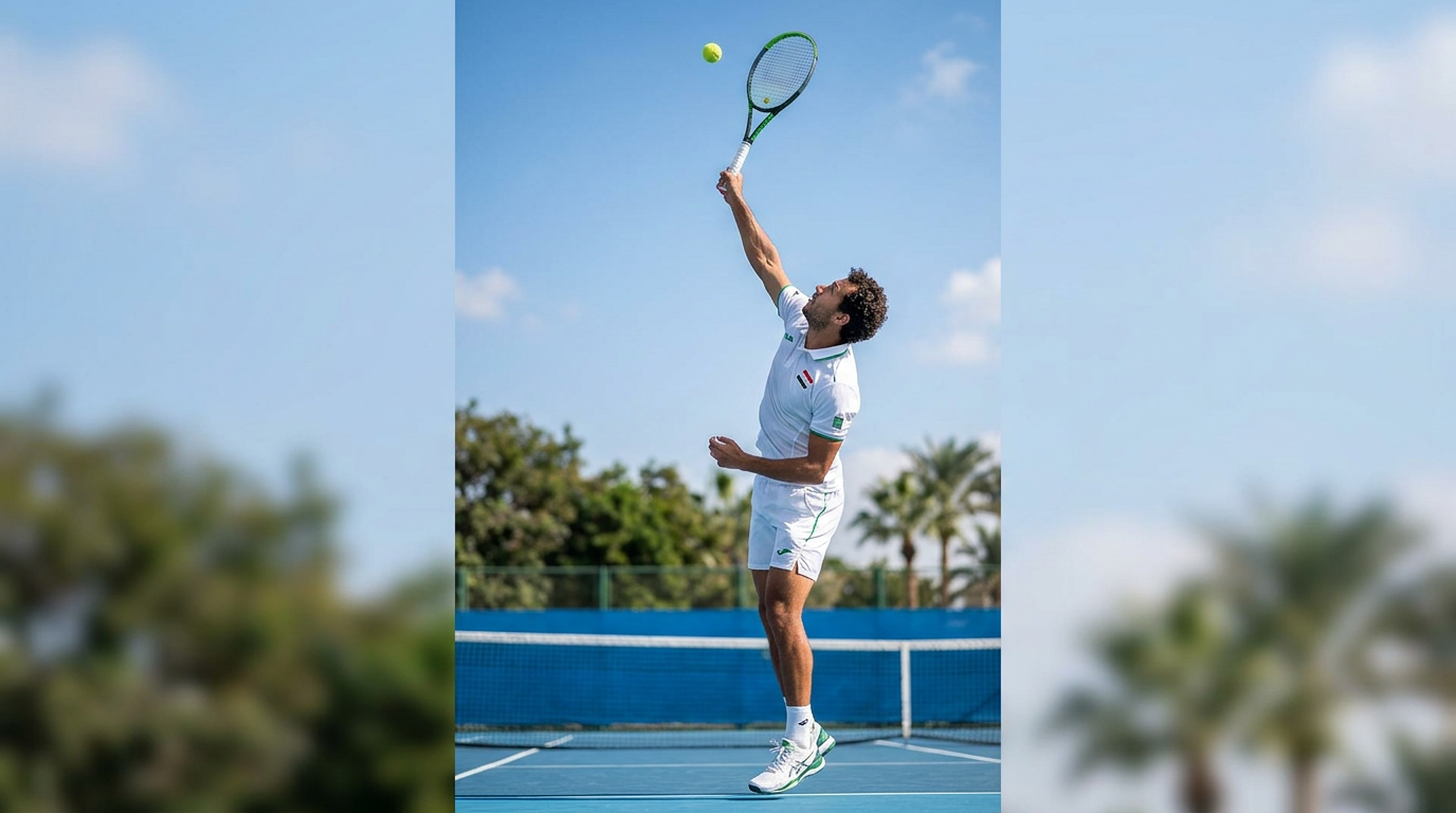 لاعب تنس يستعد لإرسال قوي مع تركيز على حركة الرمية